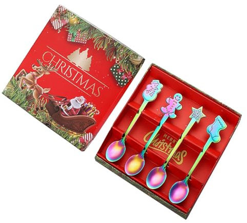 Cucchiaio di Natale in acciaio inox, 4 cucchiai per posate da mescolare, cucchiai di qualità alimentare per dessert, zuppe, tè, per feste di Natale, decorazione da tavolo