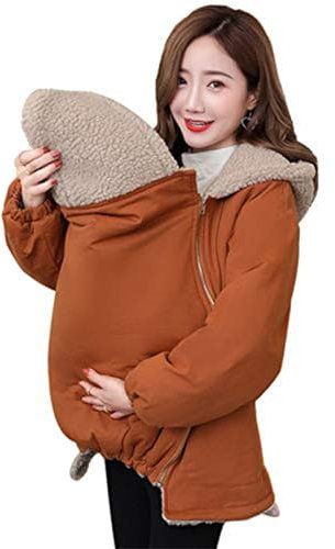 MEOYCHB Veste Porte-bébé 2 en 1 Polaire Zippée à Capuche De Maternité Kangourou,Manteau De Grossesse à Fermeture éclair Kangourou pour Femme(Size:XXL,Color:Marron)
