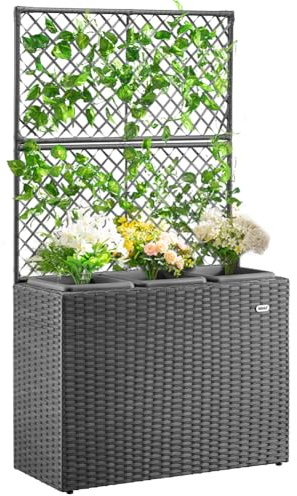 BAKAJI Fioriera a Traliccio in Polyrattan, 3 Vasi Removibili Contenitori per Piante, Orto Verticale da Esterno, Design Resistente ai Raggi UV, Giardino, Balcone, Terrazzo, Pianta Rampicante (Grigio)