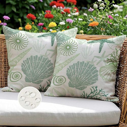 Kissenbezug 45x45 cm Outdoor Kissen Wetterfest Kissenbezüge Gartenbank Wasserfest Cushion Covers Muschel Algen Ozean Salbeigrün Sommer Balkon Kissen Deko für Garten Sofa Terrasse Bett 2er Set