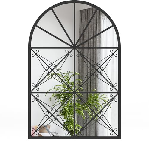 COSTWAY Wandspiegel mit Fensteroptik, 58 x 87 cm, Fensterspiegel Metall, Dekospiegel mit Haken, Dekorativer Hängespiegel, Spiegel für Bad, Flur, Schlafzimmer & Wohnzimmer, Schwarz