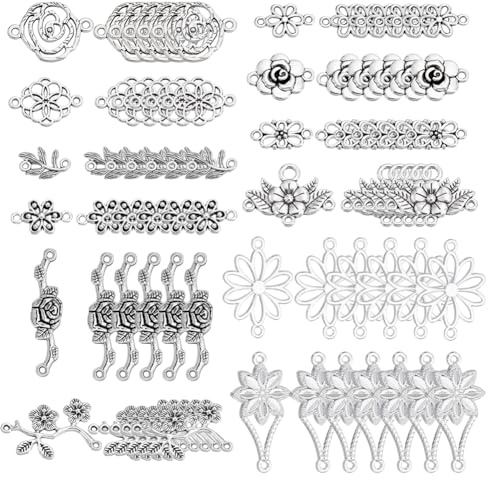 PH PandaHall 96pcs 12 Styles Flower Connector Charm, Flower Connectors Links Metal Filigree Charms Jewellery Connector for Dangle Earrings Bracelets Necklaces Crafts Making, Antique Silver