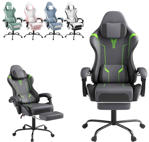 ACXIN Gaming stol massage med fotstöd och nackstöd, ergonomisk spelstol med massage ländryggskudde, justerbart ryggstöd 90–135°, vadderade armstöd för spelare – grå och grön