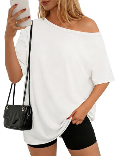 Dressmine One Shoulder Tops for Women Oversized Tee Asymmetrical T Shirts Short Sleeve Cotton Tops Casual Baggy Shirts White M