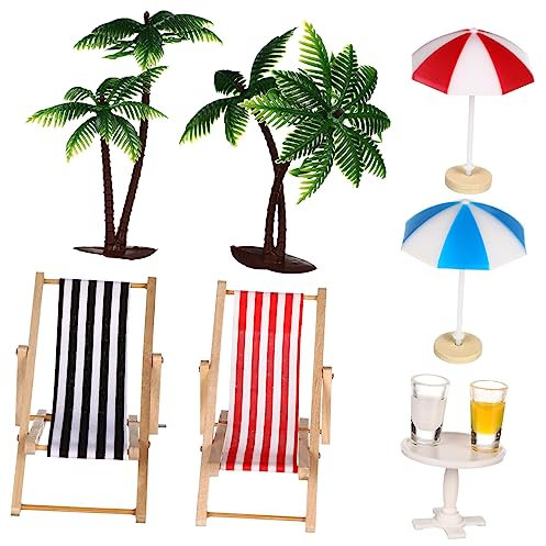 CIYODO Strand-mikrolandschafts-Miniatur-Set Mini-palmen Sonnenschirme Liegestühle Getränke Runder Couchtisch Ornament Für Puppenhaus