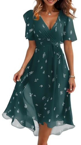 VLOYSR Robe Femme Longue Tunique Robes de Mariage Casual Manches Empire avec Ceinture Chiffon Sexy Chiffon Col en V Été pour Fleurie D'été Soleil