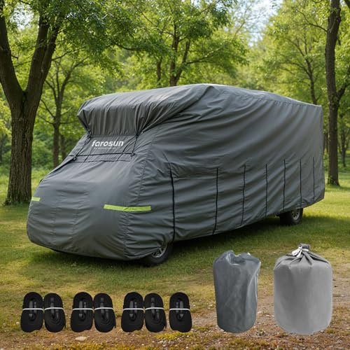 Farosun Wohnwagen Abdeckung, 4-lagige Schutzhülle für Wohnmobil, wetterfest & atmungsaktiv, UV-beständig, reißfest und wetterfest, Hagelschutzplane für Winter & Sommer, 810×235×270 cm