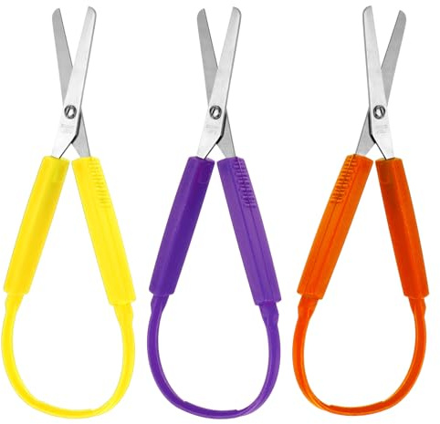 3 Piezas Tijeras de Bucle Adaptativo Tijeras para Niños 14cm Mango Colorido Tijera de Seguridad de Apertura Automática para Niños Escuelas Necesidades Especiales (Amarillo, Naranja, Morado)