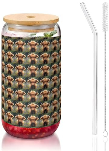 YBGHDAA Bonito vaso con estampado de vaca, 1 unidad, con tapas y pajita, vasos de vidrio de 473 ml, ideales para whisky, cerveza, té