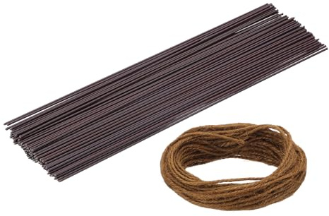 sourcing map 100Pcs 2 Gauge Floral Wire, 11.81 Length Flower Stem Wires with 0.08 x 32.8ft Twine for Wreath Making, Flower Arrangement, Brown