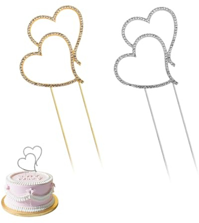 2 Stück Doppelherz Tortentopper,Hochzeitstorte Topper Strass Kristall,Tortenstecker Hochzeit,Legierung Tortenaufsatz,Herz Deko Verlobung,Deko Hochzeitstorte Party Jubiläum (Silber,Gold)