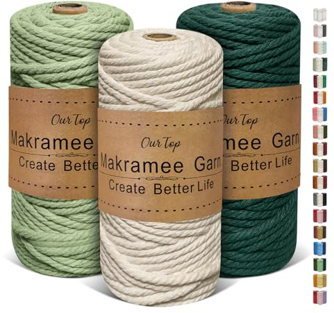 OurTop Set di 3 filati macramè di alta qualità, 5 mm x 65 m, in macramè, per lavori fai da te, decorazione per piante sospese (naturale, verde chiaro, verde scuro)