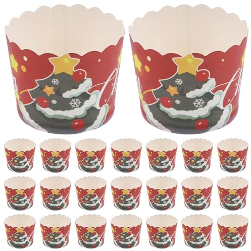 Milisten 50 Caissettes à Pâtisserie pour Cupcakes de Noël en Papier Alimentaire, Moules à Muffins Rouges Motifs Étoiles et Sapins, Décorations Festives pour Desserts, Accessoires Jetables