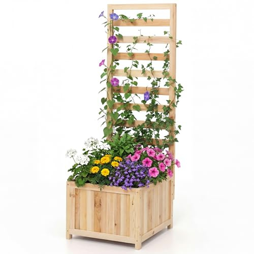 TANGZON Garden Planter Box, Outdoor Trough Planter Raised Bed with Trellis Panel, Climbing Flower Plant Pot for Patio Yard (Wood, Natural, 42 x 40 x 123 cm)