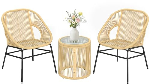 Outsunny Set da Bistrò da 3 Pezzi in Rattan PE e Acciaio, Set da Giardino con 2 Sedie, Tavolo Rotondo con Piano in Vetro Temperato, per Patio Balcone Terrazzo, Beige