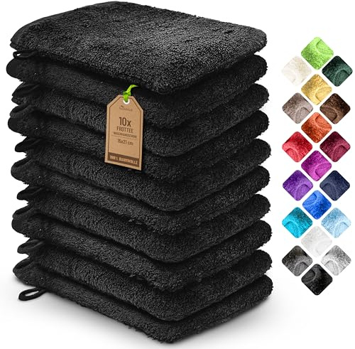 NatureMark 10x Waschhandschuhe aus Frottee 100% Baumwolle – Weich und Robust, Ideal für die tägliche Pflege und Gäste – Schwarz, 15x21 cm