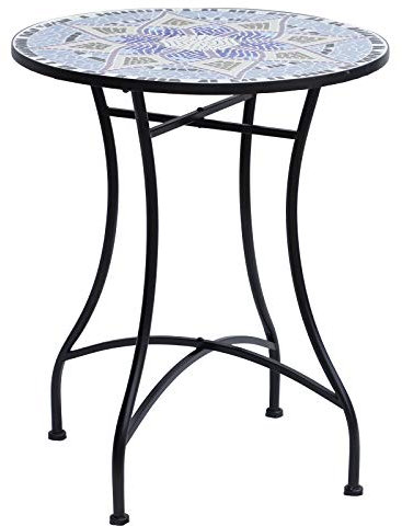 Outsunny Gartentisch Mosaiktisch Balkontisch Beistelltisch Seviertisch rund Stahl + Keramik Blau + Weiß Ø60 x H71 cm