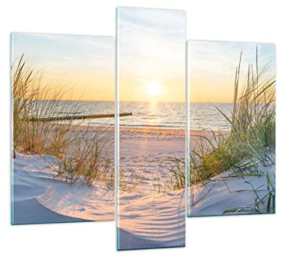 Mehrteilige Bilder auf Glas Düne Strand Meer Glasbild 95x80cm Wandbilder Dekoration Wohnzimmer Schlafzimmer Küche Set 3 teilige Groß Wanddeko Bild im Glas Wand Kunstdruck Art Modern GCB95x80-3989