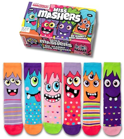 United Oddsocks Miss Mashers presentbox, 6 färgglada Odd Socks för flickor, Mix & Match-strumpor med monster-motiv i bomullsblandning, färgglad box som presentidé för födelsedag & lov, EU 30,5–38,5