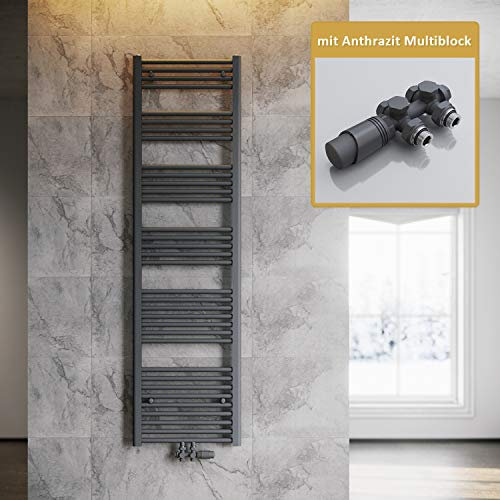 SONNI Badheizkörper 1800x500mm Handtuchtrockner Anthrazit 833 Watt Design Hantuchwärmer Heizung Mittelanschluss mit Anthrazit Multiblock Thermostat