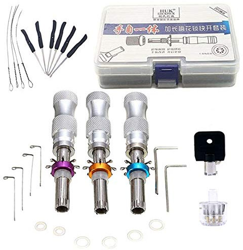 Lot de 3 médiators tubulaires réglables en acier inoxydable à 7 broches et serrure transparente en forme de fleur de prunier avec extracteur de clé cassée (combinaison de clés noires)