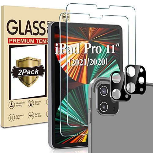 SLYTF Ecenone kompatibel für iPad Pro 11 Zoll(Modell 2021/2020) Schutzfolie(2) + Kamera Schutzfolie(2) [9H Härte, Blasenfrei, Kratzfest] HD Klar Glas Displayschutzfolie