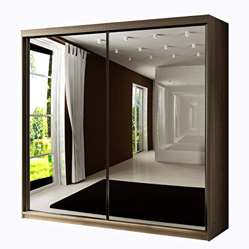 Kleiderschrank Toplo 200 II, 2 Spiegel, Dielenschrank, Garderobenschrank, Schlafzimmerschrank, 200 x 200 x 62 cm, Schwebetürenschrank (Sonoma Eiche, mit RGB LED Beleuchtung.)