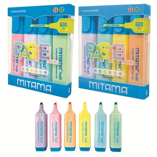 Mitama - 4 Evidenziatori Pastel, punta scalpello 5MM - COLORI ASSORTITI