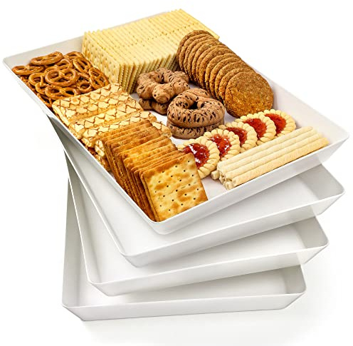 4-Pack Plastic 16 x 11 Large White Serving Trays Set - Reusable Serving Platters for Cookie, Appetizer, Charcuterie, Snack, Dessert, Party Food Display - Stackable Kitchen CounterTop Tray, BPA Free