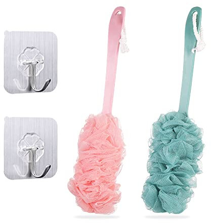 TSHAOUN 2 Stück Rückenbürste mit Langem Stiel Badeschwamm, Eincremehilfe für Rücken, Mesh Badebürste, Badewäscher Peeling Massage Schwammbürsten, Duschbürste für Damen und Herren
