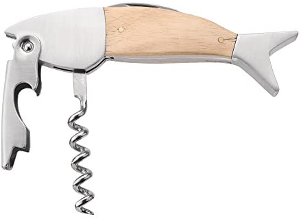 kwmobile Weinöffner im Fisch Design - Holz & Edelstahl Kellnermesser - Flaschenöffner mit Korkenzieher - Sommeliermesser in Fischform - Silber