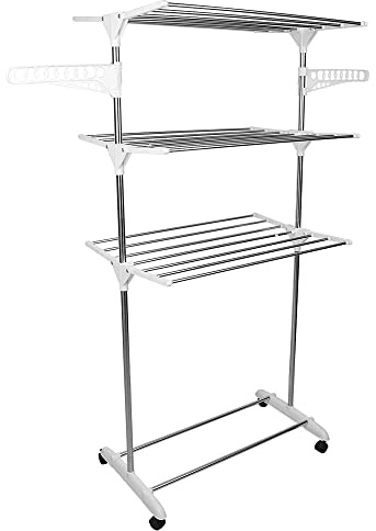 Wäscheständer, Wäschetrockner Turm mit 4 Rollen, Turm-Wäscheständer auf 3 Ebenen für Innen, Platzsparender Standtrockner Wäscheturm mit Faltbaren Flügeln, Drying Rack (Weiß,75 * 44 * 158cm)