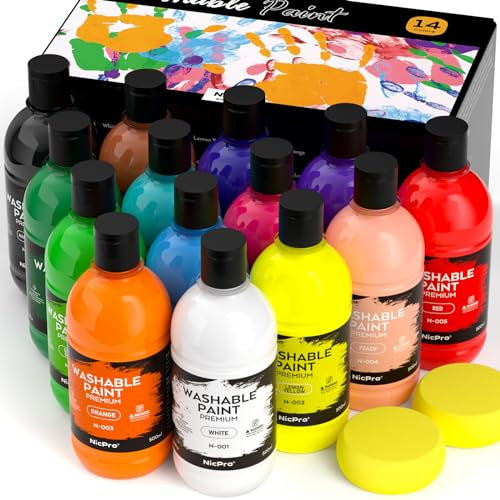 Nicpro 14 Farben X 500 ML abwaschbares Temperafarbe für Kinder, Fingerfarben Ungiftig Acrylfarben Set, Fingermalfarbe für Kunst, Handwerk diy, Poster, Schule, Weihnachten, Party, Klassenzimmer