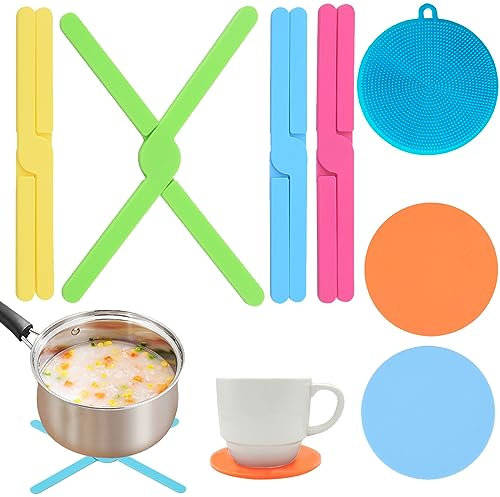 DKDDSSS 4 Stücke Silikon Topfuntersetzer Hitzebeständig, Silikon Untersetzer Topf Zusammenklappbar, Heißer Topf Halter, Topflappen Hitzeschutz, für Heiße Töpfe Teller Pfannen