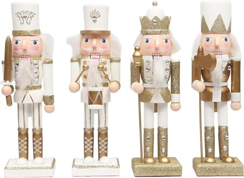 SHATCHI 25cm Gold/White Wooden Christmas Nutcrackers - 4pcs Set - Soldiers King Drummer Puppet Figurines Home Decoration Ornament