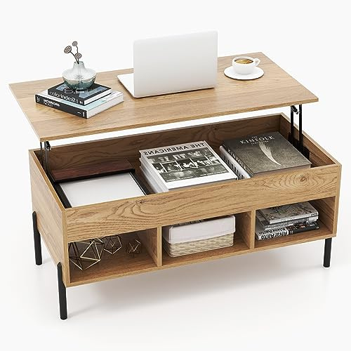 GIANTEX Mesa de Centro con Tablero Elevable y Patas de Metal, Mesa de Café con Compartimento de Almacenamiento Oculto y 3 Cubos Abiertos, Mesita Multifuncional para Salón, Oficina (Natural)