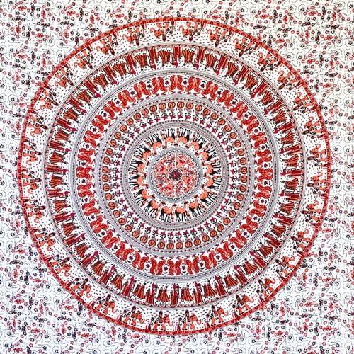 MOMOMUS Tapiz Decorativo de Pared Mandala Grande 210x230 cm, Blanco-Naranja | Tapiz mural grande para pared amplia, con diseño mandala en una cara, caída ligera y fácil de mover, plegar y guardar.