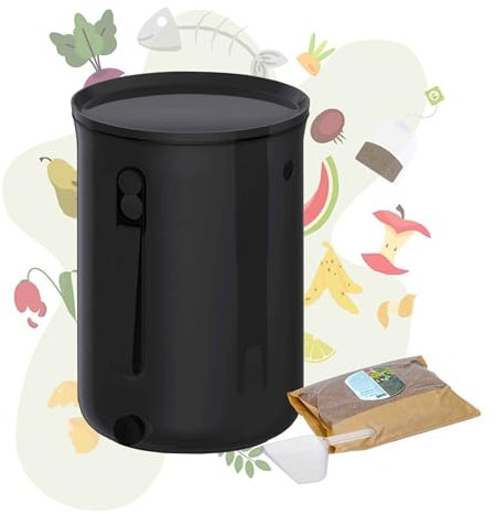 Bokashi Set mit formschönem Bokashi Eimer, Bokashi Ferment, Dosierhilfe und Stampfer (schwarz)