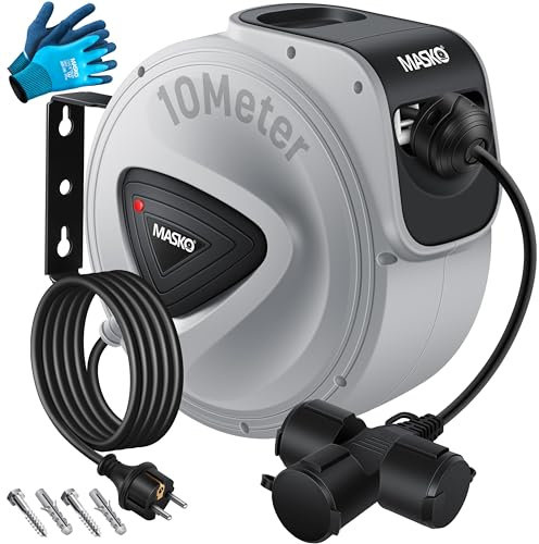 MASKO® Automatik Kabeltrommel Verlängerungskabel 10m mit 3-Fach Anschluss 180° drehbar 1,5m Zuleitung Wandhalterung Werkstatt Kabelaufroller Automatisch Stromtrommel Schlauchaufroller Inkl. Handschuhe