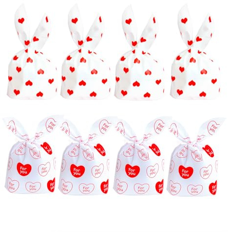 Mors dag presentpåsar cellofanpåsar, 100 hjärt-kaninöron-påsar, godispåsar, presentpåsar, förpackningspåsar för bröllop, födelsedagar, festtillbehör, 13,5 x 22 cm