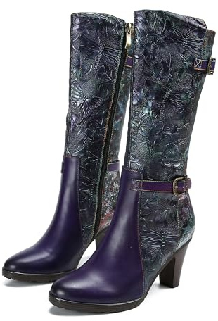 CrazycatZ Womens Leather Bohemian High Boots Floral Block Heel Long Boots