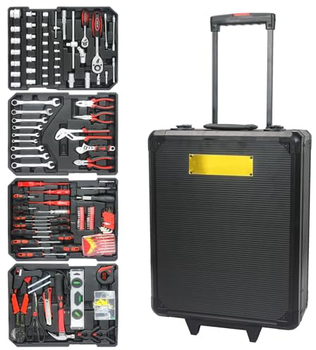 Black Hand Tool Box With 4 Layers Of Toolset,Aluminum Trolley Case Tool Set,Rolling Tool Case Box On Wheels,899pcs Household Hand Kit for House Repair, Garden, Office