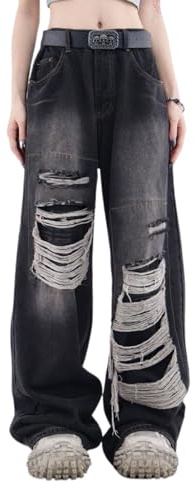 Lafaguw Baggy-Jeans für Damen und Herren, zerrissene, hohe Taille, weites Bein, Distressed Jeans, Y2K, Grunge-Sommerkleidung., Schwarz1, X-Groß