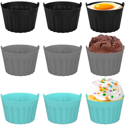 Silicone Muffin Cases, 9 PCS Ramekins for Air Fryer, Cupcake Moulds Reusable Silicone Cupcake Liners & Egg Cups for Air Fryer Oven Microwave Non-Stick Baking Cups(Blue, Grey, Black)