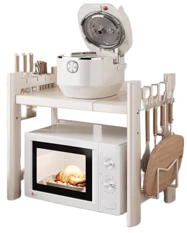 2-stufiges Erweiterbares Mikrowellen Regal Mikrowellenhalter Mit 6 Hängenden Haken Mikrowellenständer Zum Aufhängen Organizer Bäckerregale Mikrowellenregalständer Schwarz for Küche(Color:White)