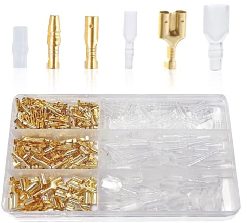 Kit di 320 connettori a proiettile da 3,9 mm, connettori in ottone maschio e femmina, morsettiera a crimpare con manicotto isolante, kit assortito per moto elettriche, veicoli, barche (320 pezzi)