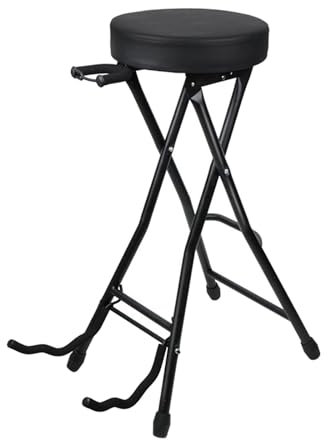 Gitarrensitz, zusammenklappbar, stabil, mit Fußstütze, Gitarrenstuhl, Gitarrenständer, Spielhocker für Akustikgitarre, E-Gitarristen, Schwarz