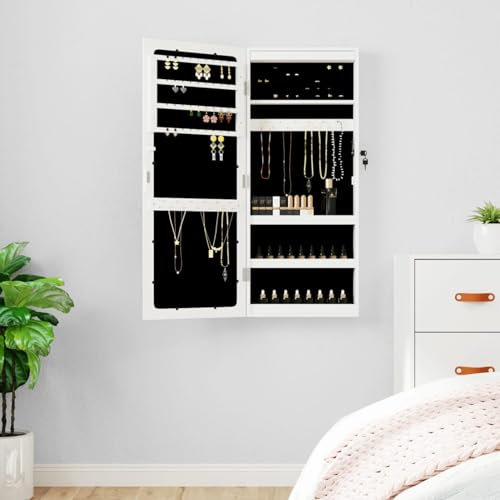 Iiaky Spiegel-Schmuckschrank mit LED-Beleuchtung Wandmontage Schmuckaufbewahrung Schminktisch Organizer Schmuckschrank Weiß