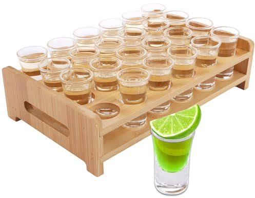 LDHHYH 24 Pack Shot Glass, 15ml/0.5oz with Shot Glasses Tray Holder Straight, Mini Clear Crystal Shot Glass with Thick Base, Shot Glasses Set for Brandy, Vodka, Whisky, Rum