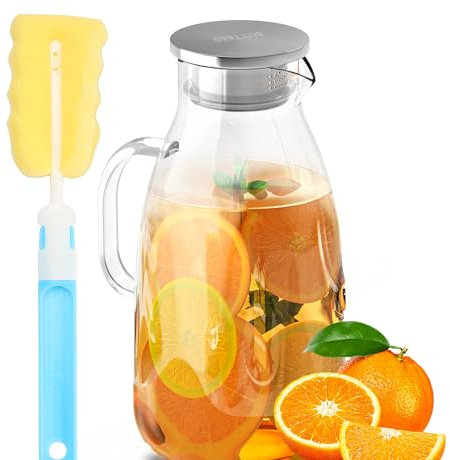 SUSTEAS 3.0 Liter 101 Ounces Glass Jug with Lid, Easy Clean Water Jug, Hot/Cold Water Ice Tea Wine Coffee Milk and Juice Beverage Carafe, Glass Water Jug for Fridge, 1 Long-Handled Brush Included